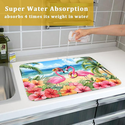 Summer Flamingos Dish Drying Mat 18x24 inch Tropical Beach Microfiber Washable