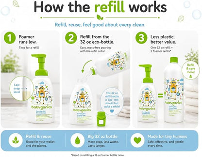 Baby ganics 16 Ounce Dish Dazzler Foaming Dish and Bottle Soap with Refill Kit BUNDLED with Two (2) Bottle Brushes BONUS | Baby bottle and dish soap bundle with refill and 2 bottle brushes. Plant-based, fragrance-free foaming soap.