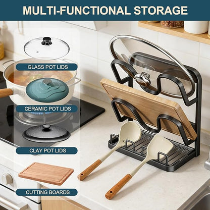 Kitchen Pot Lid Storage Rack: Carbon Steel Double-Layer Holder & Spoon Rest