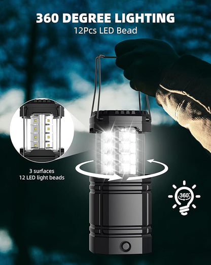 4 Pack Solar Camping Lantern with 1600mAh Rechargeable Battery, 30-Hour Runtime, 360° LED Tent Light & Super Bright Flashlight, Compact & Portable for Hiking, Emergency, Outdoor