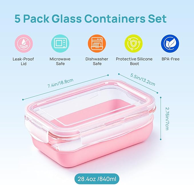 Vtopmart 5 Pack 28oz Glass Food Storage Containers Set with Silicone Sleeve，Glass Meal Prep Containers, Lunch containers with Airtight BPA-Free Plastic Lids, Dishwasher, Microwave, and Freezer Safe