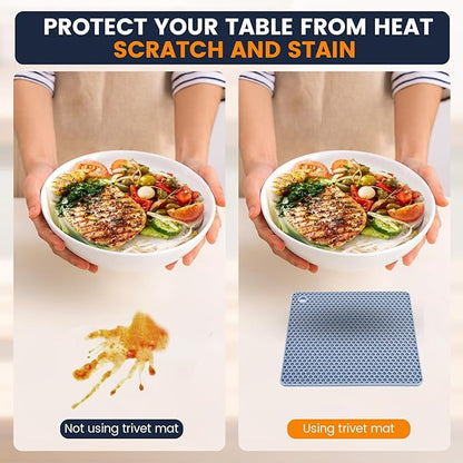 Silicone Trivet Mats 4 Heat Resistant Pot Holders Multipurpose Non-Slip Hot Pads for Kitchen Potholders, Drying mat, Jar Opener, Spoon Holder, Coaster.(Blue)