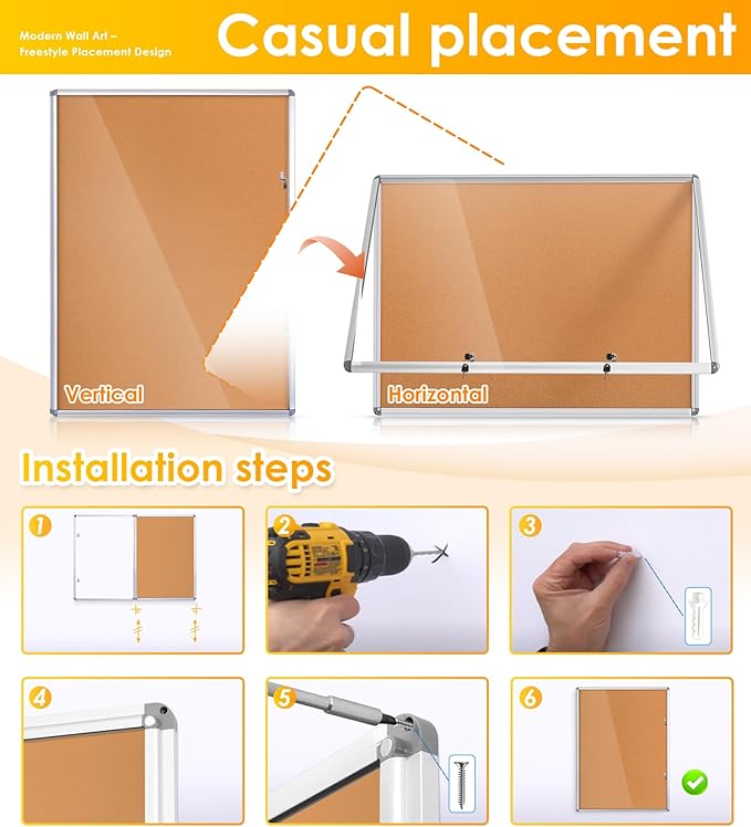 SWANCROWN Enclosed Bulletin Board 48x36 in, Tamperproof Lockable Cork Board