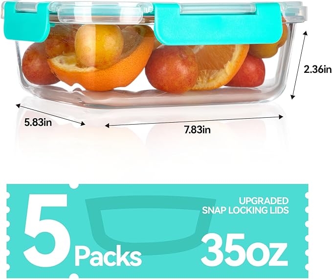 BAYZZ Glass Food Storage Containers, 5 Pack 35 Oz Glass Meal Prep Containers, Lunch Boxes with Airtight BPA-Free Lids, Microwave, Freezer and Dishwasher Safe,Green