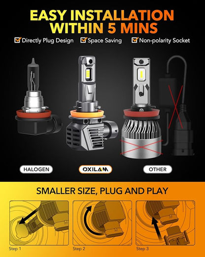 OXILAM H11 LED Bulb H8 H9 Bulbs, 900% Brighter Ultra-Bright, 5 Min Quick Install, 6000H Lifespan, No Flicker, 99% Compatibility, Fit for Cars Trucks SUVs, Pack of 2