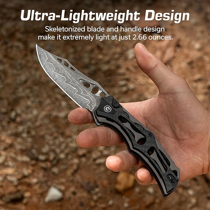 CIVIVI Pocket Knife for Men, Biophase Flipper Tactical Folding Knife, 3.48" Damascus Blade Aluminum with Carbon Fiber G-10 Handle, Lightweight Skeletonized EDC Knife for Camping Hunting, C23083C-DS1