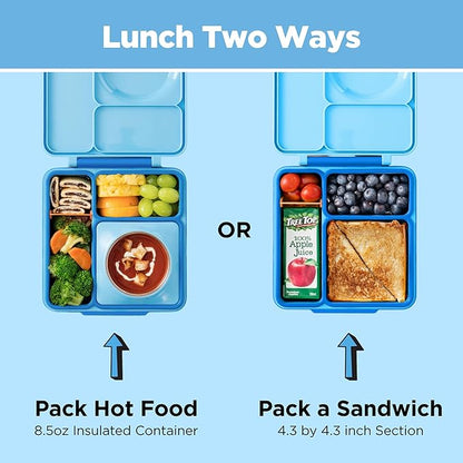 OmieBox Bento Box for Kids - Insulated Bento Lunch Box with Leak Proof Vacuum Insulated Food Jar - 3 Compartments, Two Temperature Zones (Blue Sky)