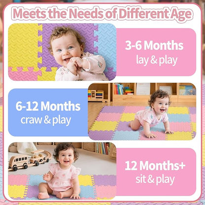 36 Tiles Foam Play Mat for Baby, 0.4 Inch Thick Foam Interlocking Floor Mats, Non-Toxic Baby Playmat, Solid Colored Puzzle Play Mat Kids Floor Mats for Toddler(Pink/Purple/Yellow/Light Blue)