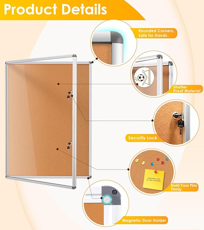 SWANCROWN Enclosed Bulletin Board 48x36 in, Tamperproof Lockable Cork Board