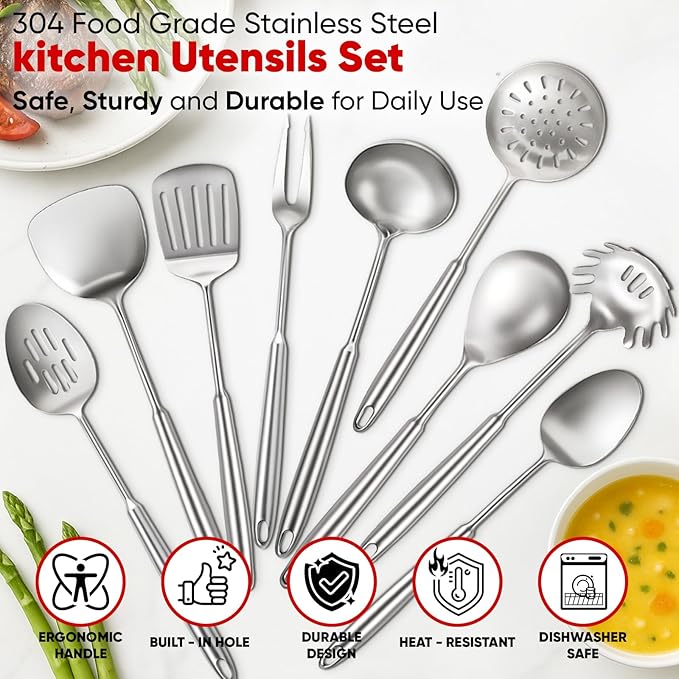 Newness 9 Pcs Cooking Utensils Set, 304 Stainless Steel Kitchen Utensils Set