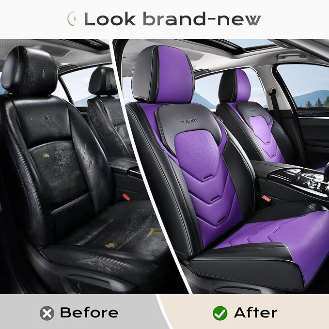Coverado Car Seat Covers Full Set, Luxury Leather Seat Covers for Front and Back Seat, Black&Purple Seat Cover for Car, Waterproof Car Seat Protector, Car Seat Cushion Universal Fit for Most Cars
