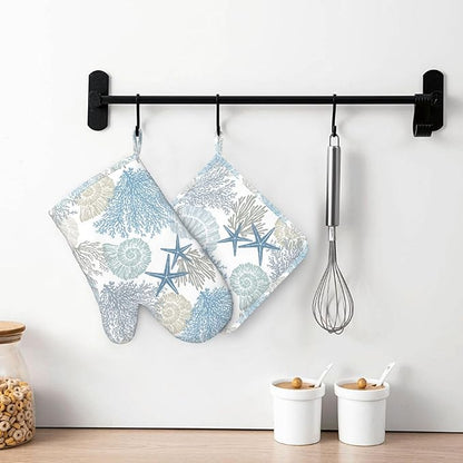 Nautical Coastal Oven Mitts and Pot Holders Sets Silicone Starfish Seashell