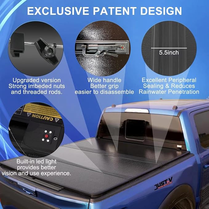 Just-V Hard Tri-Fold Truck Bed Tonneau Cover for Nissan Frontier 2005-2024 Only Fit Crew Cab 5FT Bed, Upgrade Solid FRP Textured Black, Requires Bracket