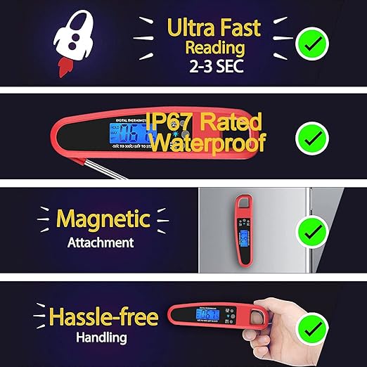 Instant Read Meat Thermometer for Kitchen Cooking, Ultra Fast Precise Waterproof Digital Food Thermometer with Backlight, Magnet and Foldable Probe for Deep Fry, Outdoor BBQ, Grill(RED)