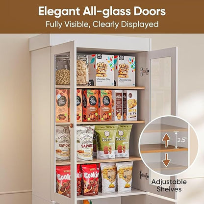 70.8" Tall Farmhouse Kitchen Pantry Cabinet with Glass Doors, Modular Storage Cabinet with 6-Tier Adjustable Shelves, White, Wooden Hutch for Kitchen, Living Room, Set of 3