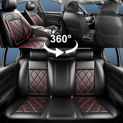 Focus Car Seat Covers Custom Fit for Ford Focus 2009-2018, Premium Full Coverage Leather Automotive Seat Protectors, All Seasons Waterproof Breathable, Airbag Compatible (Full Set Red Black)