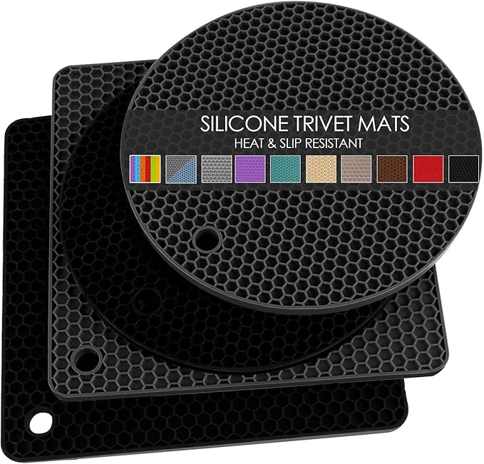Silicone Trivet Mats, 4 Pack Silicone Pot Holders for Hot Pan and Pot Pads, Heat Resistant Counter Mats for Tables, Countertops, Spoon Rest and Large Coasters, Black & Gray (2 Squared + 2 Round Mats)