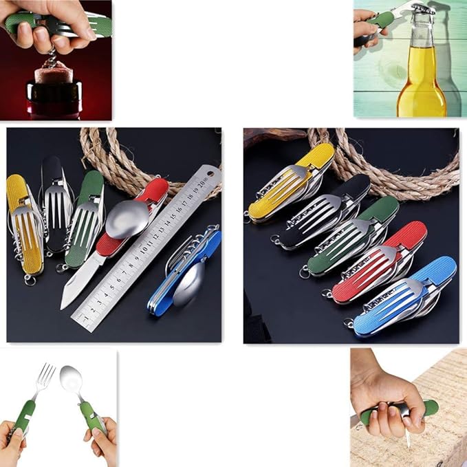 6-in-1 Multi-Function Camping Utensil Flatware Set Detachable Spoon Fork Knife Combo Mess Kit with Carrying Pouch (Blue + Red)