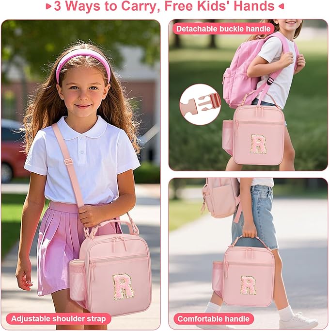 Initial Insulated Lunch Bag for Girls Kids, Back to School Gift, Reusable Leak-proof Lunch Box with Adjustable Strap for School Daycare Travel Picnic (Pink,R)