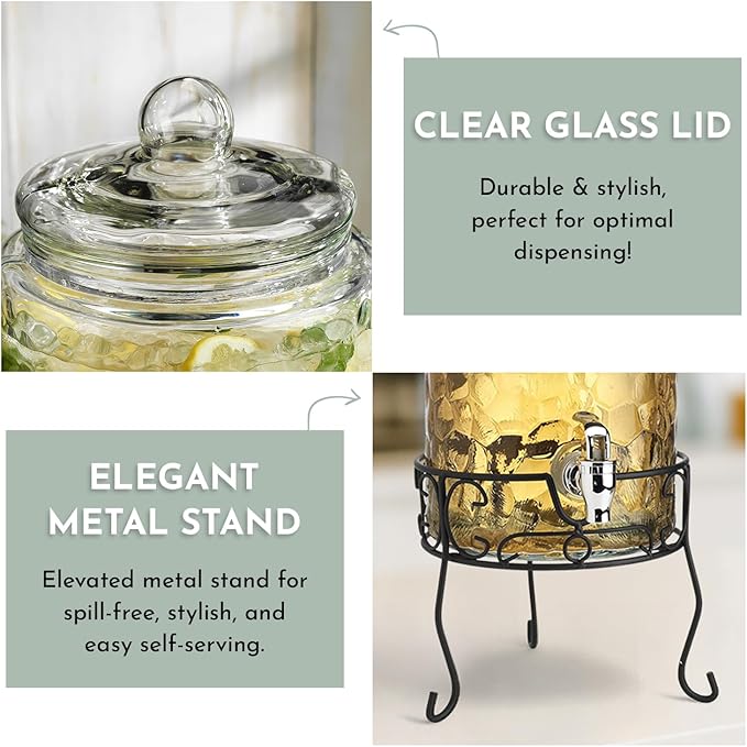 2 PACK 1.5 Gallon Drink dispenser, Classic Hammered Glass Beverage Dispenser
