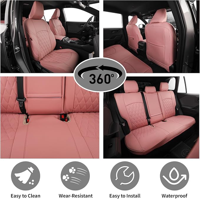 EKR Rav4 Seat Covers Custom Fit for Toyota Rav4(Gasoline) 2019 2020 2021 2022 2023 2024 2025 LE/XLE/XLE Premium/Limited,Leather Car Seat Cover Full Set for SUV,Faux Leather(Pink)