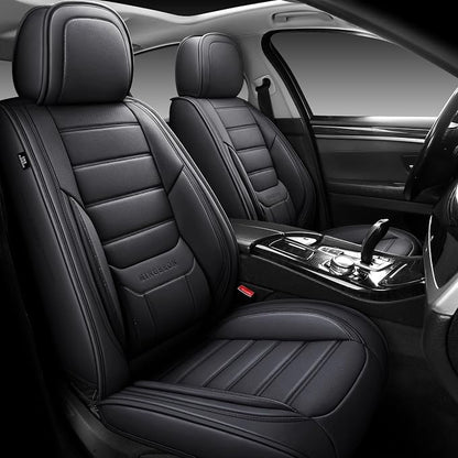 MINGBRON Black Car Seat Cover with Lumbar Support, Car Seat Protector Waterproof, Nappa Leather Car Seat Cushion, Car Seat Covers Front Seats and Back Fit for Most Cars