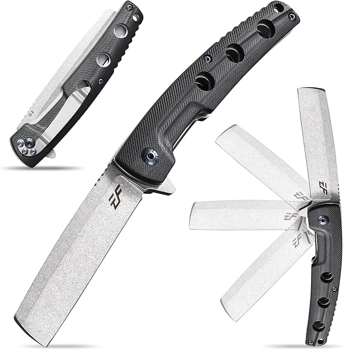 Eafengrow EF941 EDC Pocket Folding Knife D2 Steel Blade G10 Handle Pocket Clip with safety liner lock for Camping Survival Outdoor(Black)