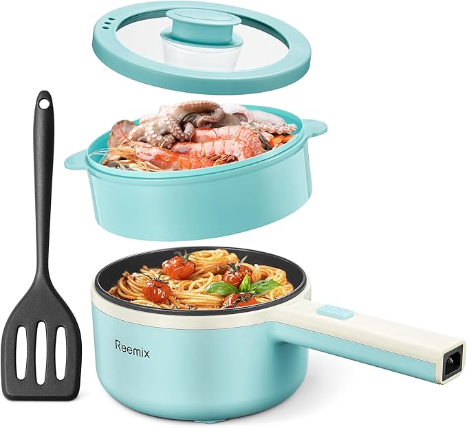 Hot Pot Electric With Steamer, 1.6L Ramen Cooker Non-Stick Sauté Pan