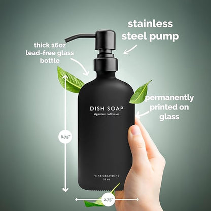 Vine Creations Black Glass Soap Dispenser Set, Dish Soap and Hand Soap