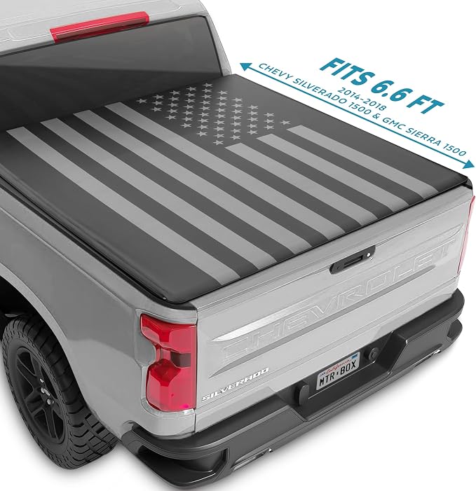 MotorBox Soft Roll-Up Truck Tonneau Cover for Chevy Silverado 1500 / GMC Sierra 1500 (2014-2018) with 6.6 ft Bed Length, All-Weather Retractable Truck Bed Cover with Black Flag Graphic