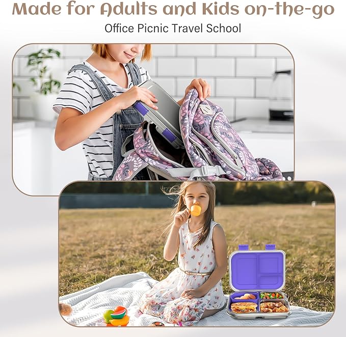 Stainless Steel Bento Box Kids, 3 Compartments Leak Proof Metal Bento Lunch Box, 304 Stainless Steel Bento Lunch Containers for School and Office,Dishwasher Safe, BPA-Free-Purple
