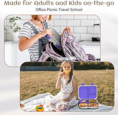 Stainless Steel Bento Box Kids, 3 Compartments Leak Proof Metal Bento Lunch Box, 304 Stainless Steel Bento Lunch Containers for School and Office,Dishwasher Safe, BPA-Free-Purple