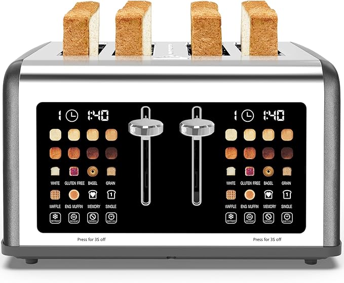 4 Slice Toaster Touch Screen, Stainless Steel Toasters Digital Timer, Dual