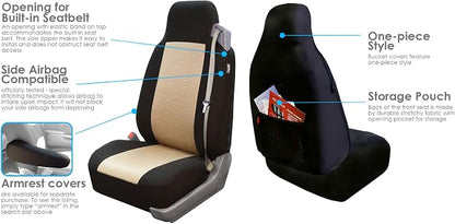 FH Group FH-FB302114 All Purpose Flat Cloth Car Seat Covers Beige/Black Color with F11306 Vinyl Floor Mats, Beige/Black Color - Fit Most Car, Truck, SUV, or Van
