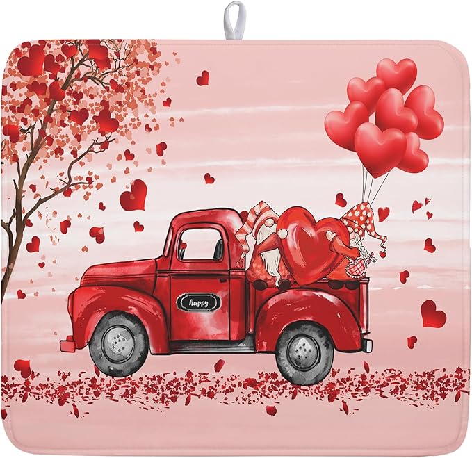 Valentine's Love Truck Dish Drying Mat, Valentine Red Gnomes Dish Drying Mat
