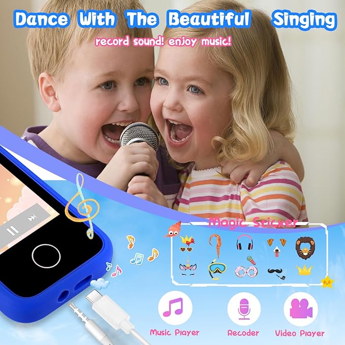 Kids Phone Birthday Gifts Toy for 3 4 5 6 7 8 9 10 Year Old Girls Boy,Toddler Kid Smart Phone with Dinosaur Silicone Cover Educational Games,Music Player,Toys for Girls Boys Age 3-8(Blue)