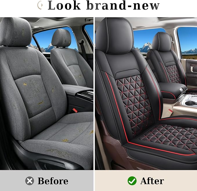 Coverado Leather Car Seat Covers, Waterproof Dooge Ram 1500 Seat Covers Compatible with 2002-2026 Dodge Ram 1500 2500 3500 with Flat Bench (Full Set, Black&Red line)