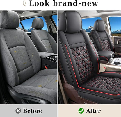 Coverado Leather Car Seat Covers, Waterproof Dooge Ram 1500 Seat Covers Compatible with 2002-2026 Dodge Ram 1500 2500 3500 with Flat Bench (Full Set, Black&Red line)