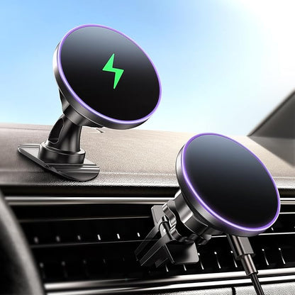 BHHB for Magsafe Car Mount Charger, [2026 Upgrade] 15W 2in1 Magnetic Wireless Car Charger, for Magsafe Car Charger, Vent/Dashboard Phone Holder, ONLY for iPhone 17 16 15 14 13 12 Series(Purple)