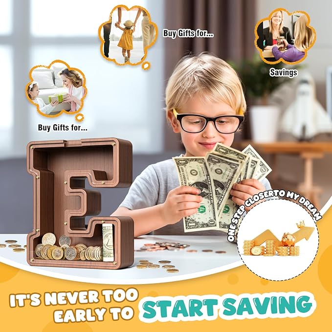 Summidate Wooden Letter Piggy Bank, Extra Thick Large Capacity Piggy Bank for Kids Boys Girls Toddler, Alphabet E Money Bank| Coin Box Birthday, Christmas, Festival