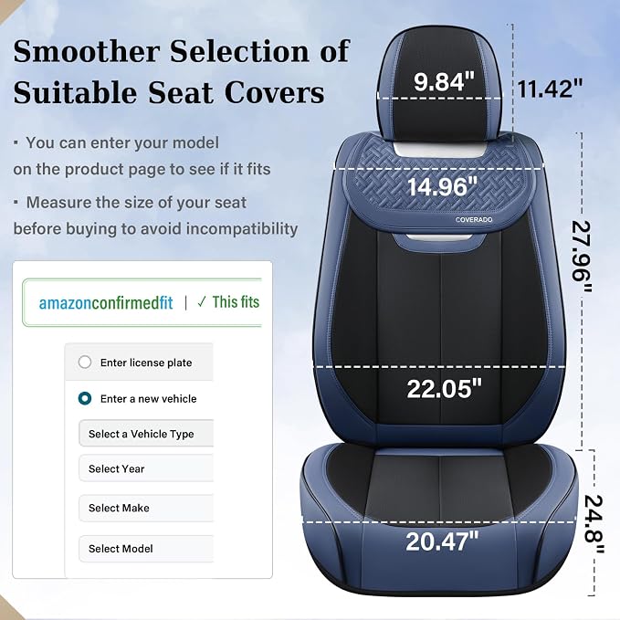 Coverado Front and Back Seat Covers for Cars, Nappa Leather Car Seat Covers Full Set, Waterproof Carseat Protector Seat Cushion, Luxury Automotive Seat Covers Universal Fit for Most Cars(Blue&Black)