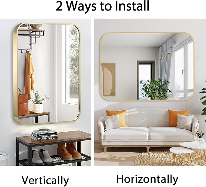 24x32 Inch Gold Bathroom Mirror, Brushed Gold Metal Framed Rectangular Mirror