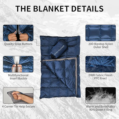 Down Camping Blanket, Muti-Use Outdoor Travel Blanket, Puffy Sleeping Bag Blanket, Waterproof Packable Backpacking Quilt for Camping, Travel, Airplane, Hiking, Picnic, 55''x79''