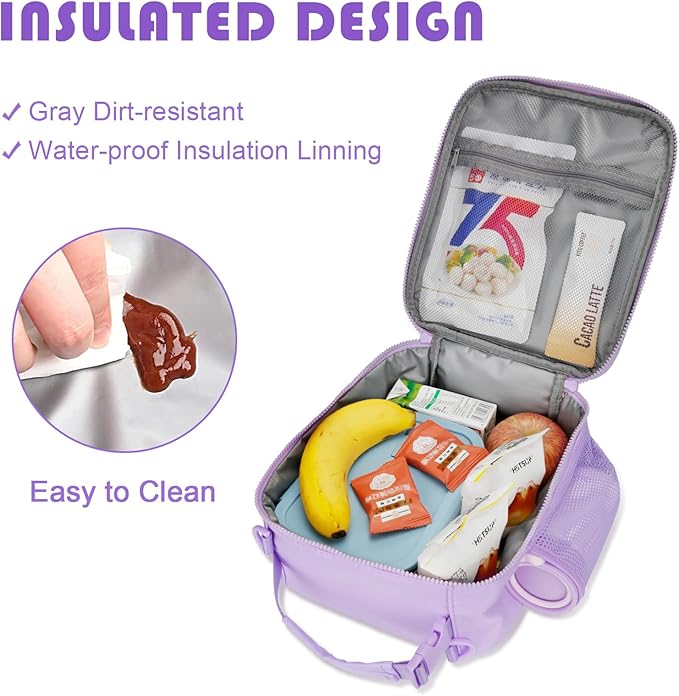 Initial Insulated Lunch Bag for Girls Kids, Back to School Gift, Reusable Leak-proof Lunch Box with Adjustable Strap for School Daycare Travel Picnic (Purple,M)