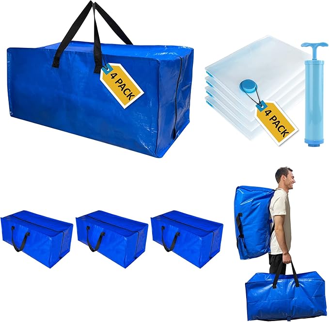 8 Pack Heavy Duty Extra Large Moving Bags with Backpack Straps & Large Vacuum Storage Bags Moving Supply Combo, Moving Totes with Handles & Zippers for Space Saving, Fold Flat, Includes Vacuum Bags