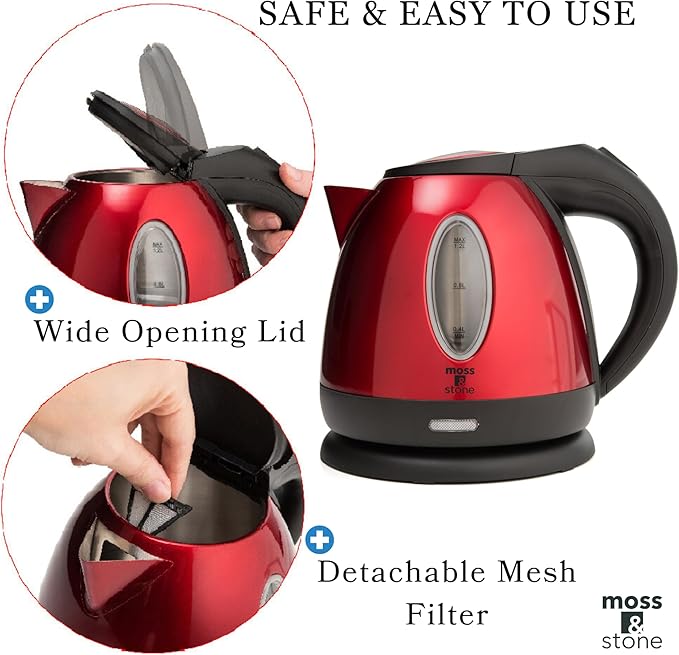 Moss & Stone 1.2L Stainless Steel Small Electric Kettle Red Color, Cordless