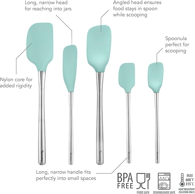 Tovolo Stainless Steel Handled Silicone Spatula Set of 5, Dishwasher Safe