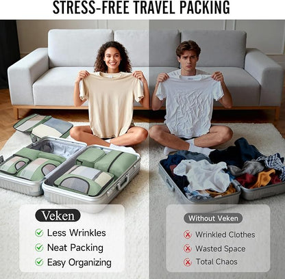 Veken 10 Set Packing Cubes for Travel Essentials,Anti-Wrinkle Buckled Suitcase Organizer for Shoe & Toiletry Bag,Carry On Luggage Bag with 99+ Count Mesh Holes for Airplane & College Dorm Accessories