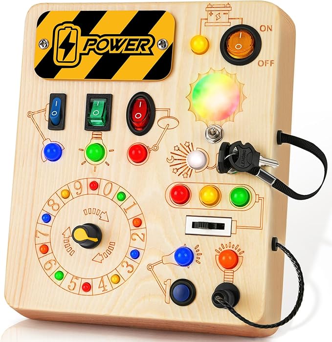 Montessori Busy Board, Wooden Sensory Toy for Toddler with LED Light, Educational Travel Toy, Christmas Birthday Gifts for Toddler