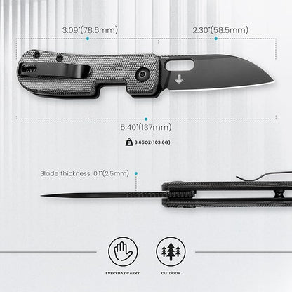Kizer Banish Folding Pocket Knife, 2.3"" 154CM Steel Blade Small EDC Knife, Micarta Handle Mini Utility Knife for Men Women Sharp Camping Survival Hiking Knives, V2676C1, Black